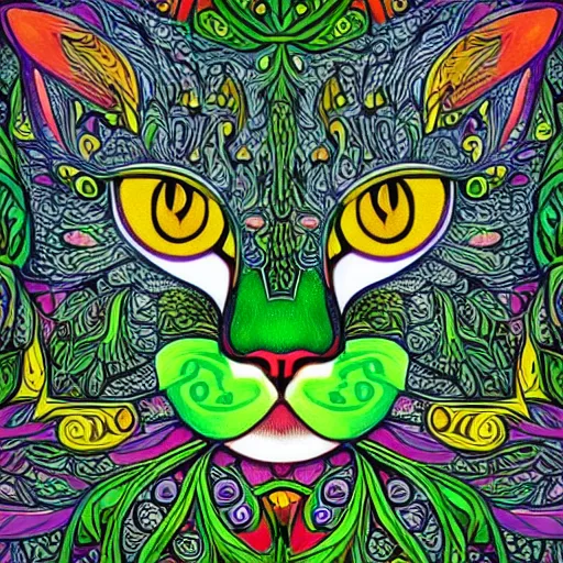 Prompt: colourful ornate decorative green man as a cat face by louis wain and william morris, closeup, twisting leaves, abstract psychedelic, 8 k, artstation