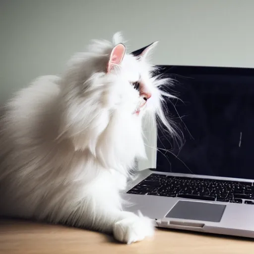 Prompt: long haired white cat creating a website on a laptop