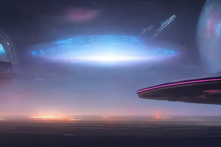 Image similar to a distant futuristic military installation, on the horizon, sleek, menacing, glowing lighting and neon signs, Raymond Swanland and Jessica Rossier nebula like clouds in space background near a ringed gas giant, hyper detailed hyper detailed, 8k, ultra realistic, cinematic lighting, ultra wide 35mm lens, Boeing Concept Art, Lockheed concept art