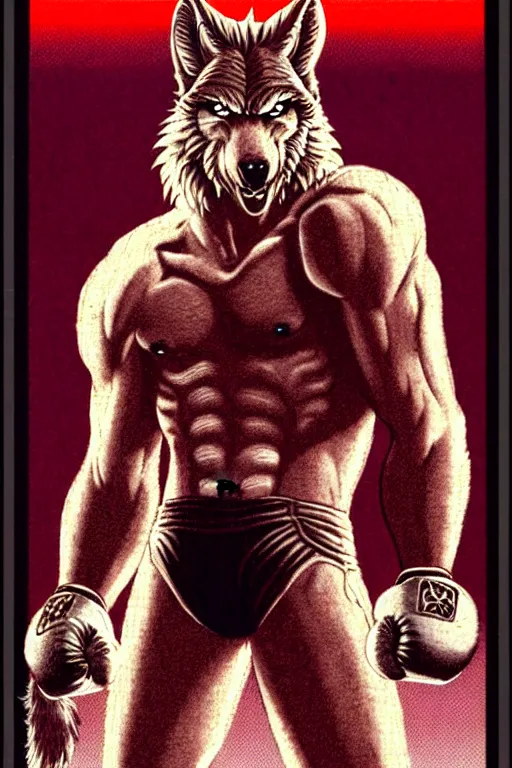 Prompt: extreme long shot. 8 bit nes graphics. antropomorphic muscular masculine wolf. kickboxer fighter, in shorts. wolf head. angry. fine details, very sharp, art from nes game cartridge, 8 0's, vhs artefacts, vaporwave style, marc simonetti and hermann nitsch.