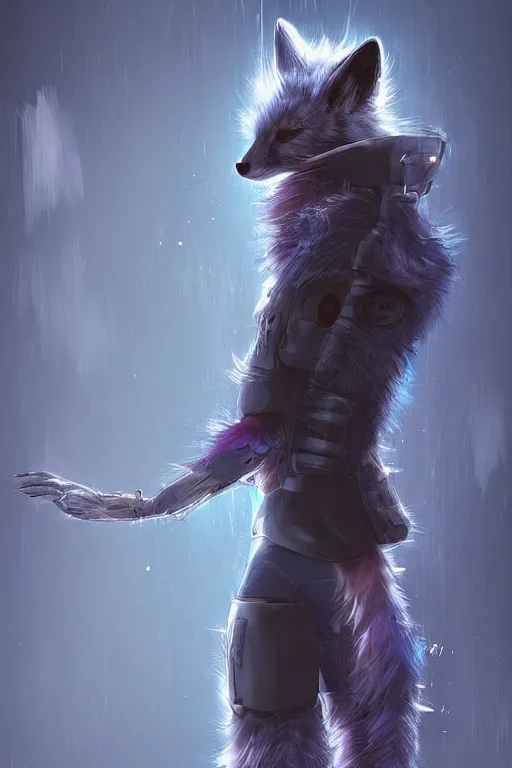 Image similar to an anthropomorphic cyberpunk fox with a fluffy tail, backlighting, trending on artstation, digital art, furry art, trending on furaffinity, fantasy art, by kawacy