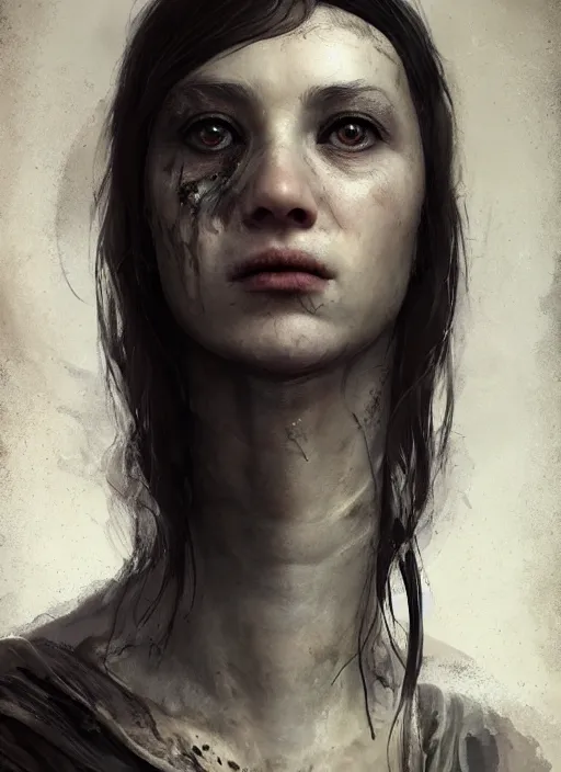 Image similar to portrait of sinister girl with thin evil lips, skeksis, battle worn, bandaged nose, expressive eyes, full body, translucent skin, procedural rendering, greg rutkowski, charlie bowater, yuumei, stephen gammell, unreal 5, daz, hyperrealistic, octane render, rpg portrait, dynamic lighting, fantasy art, beautiful face