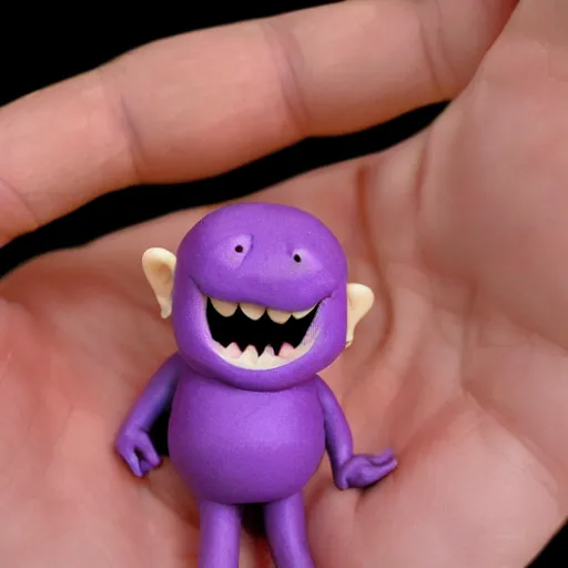 Image similar to tiny moustached homunculus with a huge mouth screaming and crying tiny little feet and purple skin, clay model