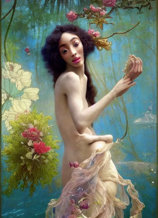 Image similar to a realistic oil painting of a beautiful young woman resembling winnie harlow, flowing robes, silk dress, peonies, crystal encrustations, underwater, fantasy art, by mucha, by bouguereau, intricate, colorful