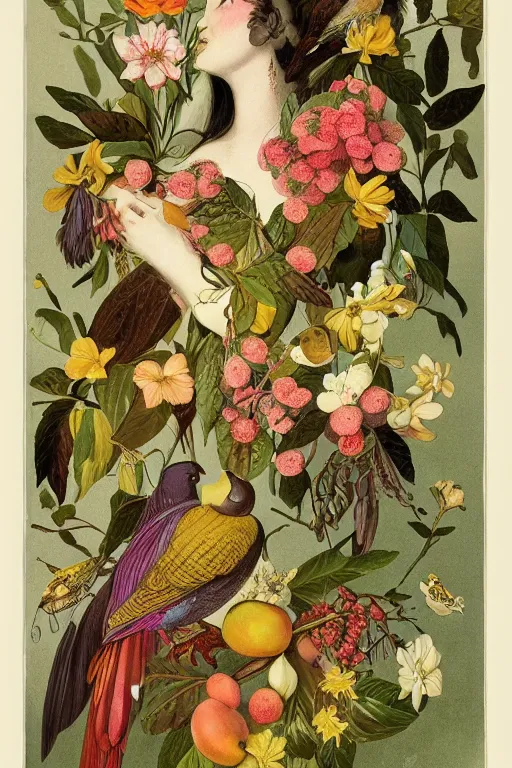 Image similar to beautiful girl Amalgamation with flowers, fruits, birds by Beto Val, John James Audubon, vintage illustration, bizarre compositions, Exquisite detail