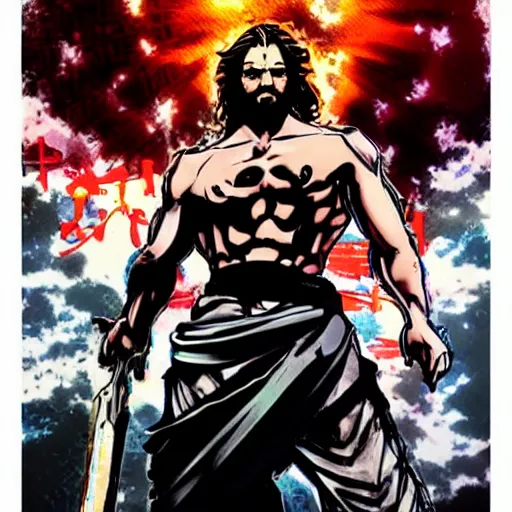 Image similar to portrait jesus in a jojo pose, game poster by yoji shinkawa