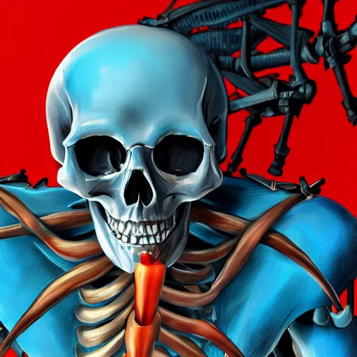 Image similar to a detailed portrait of a skeleton riding a missile, blue eyes, art illustration, incredibly highly detailed and realistic, 8 k, sharp focus