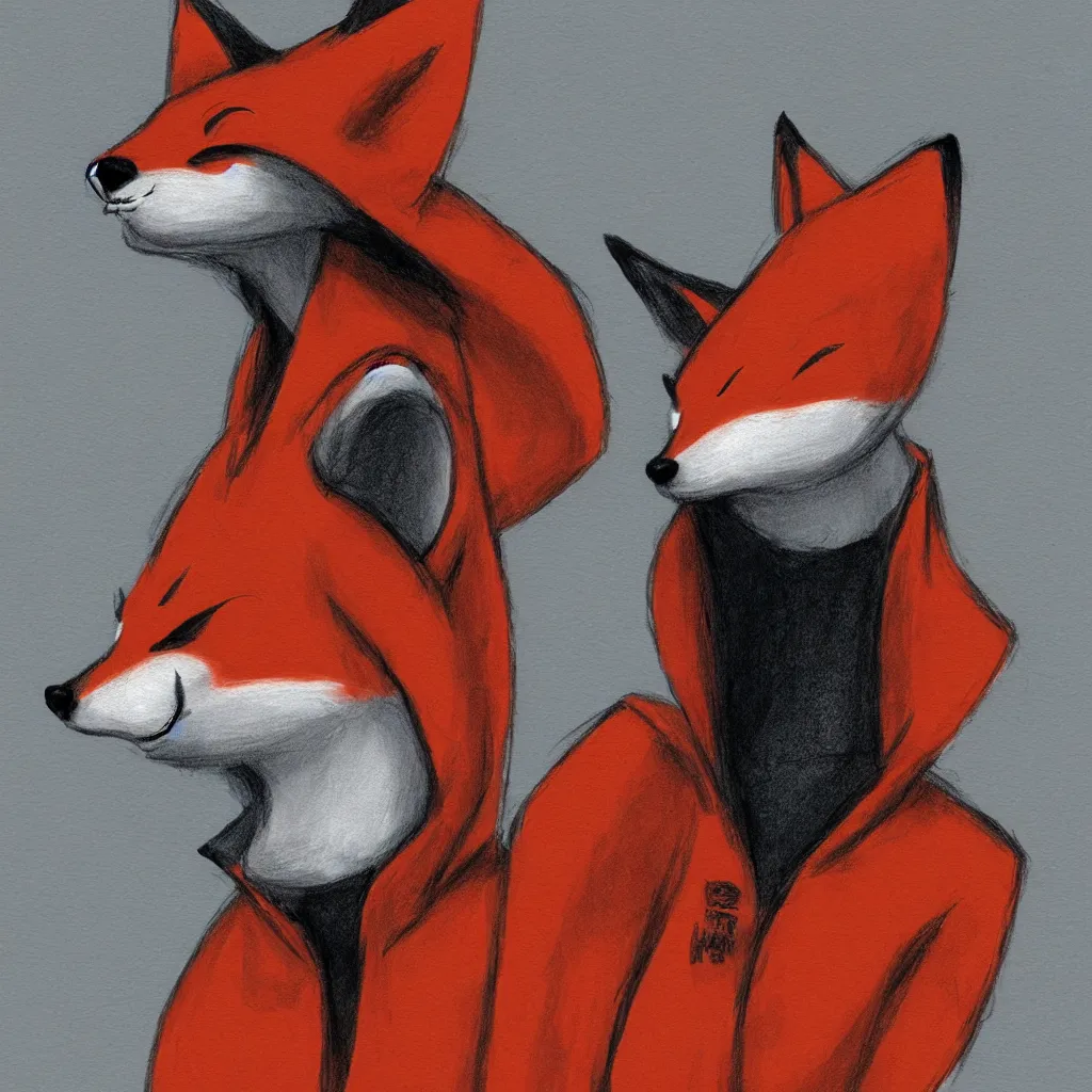 Image similar to an anthropomorphic fox wearing a hoodie, gainax style, sketch painting