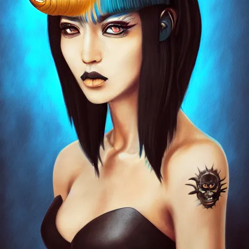 Image similar to illustrated realistic portrait of ram-horned devil woman with blue bob hairstyle and her tan colored skin and with solid black eyes wearing leather by rossdraws