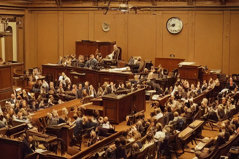 Prompt: a mouse as a judge in the courtroom with crowd of people, dramatic shot, wide angle hypermaximalistic, high details, cinematic, 8k resolution, beautiful detailed, insanely intricate details, artstation trending, octane render, unreal engine