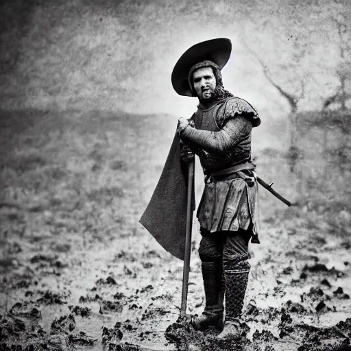 Prompt: Medieval squire with medieval clothes. Standing in the mud. Black & White photo.