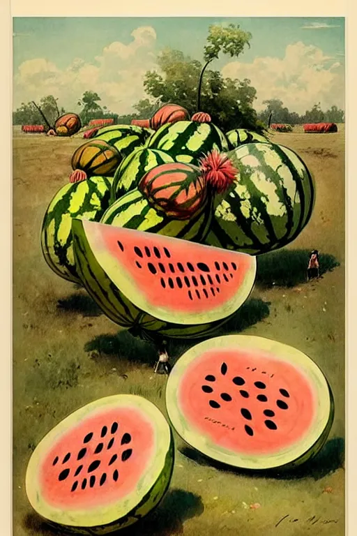 Image similar to ( ( ( ( ( 1 9 5 0 s watermelon farm poster. muted colors. ) ) ) ) ) by jean - baptiste monge!!!!!!!!!!!!!!!!!!!!!!!!!!!!!!