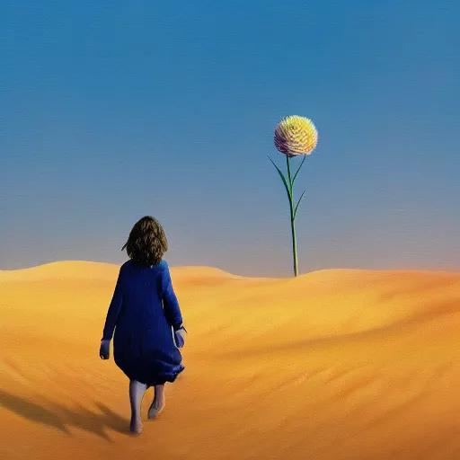 Image similar to closeup, giant dahlia flower as a head, a girl walking between dunes, surreal photography, sunrise, blue sky, dramatic light, impressionist painting, digital painting, artstation, simon stalenhag