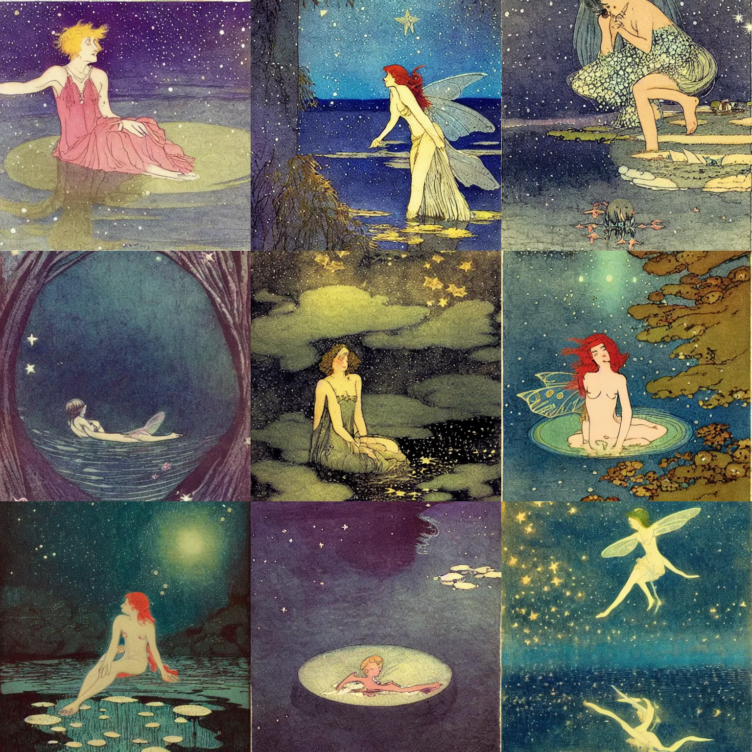 Prompt: a fairy bathing in the lake under the starry sky, magical atmosphere, by edmund dulac