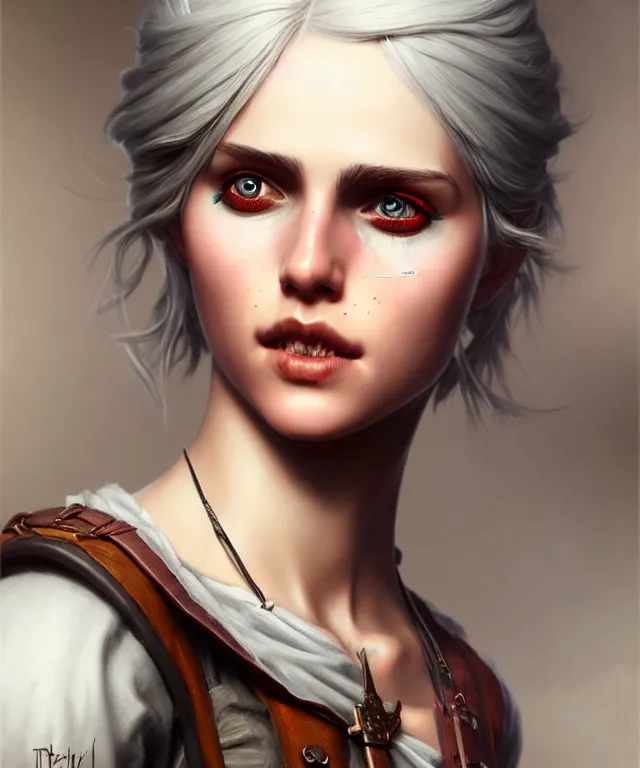 Prompt: ciri dressed as a hipster, beautiful, highly detailed face, true anatomy!, extremely detailed!, digital painting, unreal engine 5, art by tom bagshaw