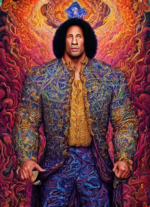 Prompt: beautiful oil painting, full body shot portrait of Dwayne the rock Johnson as Louis xiv in coronation robes 1701, Dan Mumford, Dan Mumford, Alex grey, Alex grey, highly detailed , lsd visuals, dmt fractal patterns, hallucinogen, visionary art, psychedelic art, ornate, vaporwave, baroque