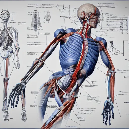 Prompt: a concept of a detailed and intricate design of a full body of human anatomy, 3 d design, great finesse organic hyper detailed, engineering blueprints, technical drawings, calculus, stained paper, hyperrealistic, ultra detailed, 4 k, octane render, unreal engin