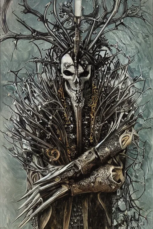 Image similar to The Knight of Bones by Karol Bak, Jean Deville, Gustav Klimt, and Vincent Van Gogh, portrait of a handsome vampire knight in armor, piercing grey eyes, ornate armor covered in thorns, nightmare warrior, bat wings, ornate dramatic bat wing helmet, mystic eye, otherworldly, skulls, fractal structures, arcane, inscribed runes, infernal relics, ornate gilded medieval icon, third eye, spirals