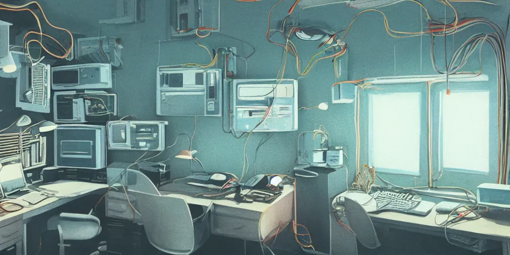 Image similar to cozy 8 0 s bedroom retrofuturism, cluttered, wires everywhere, computer, window, detailed