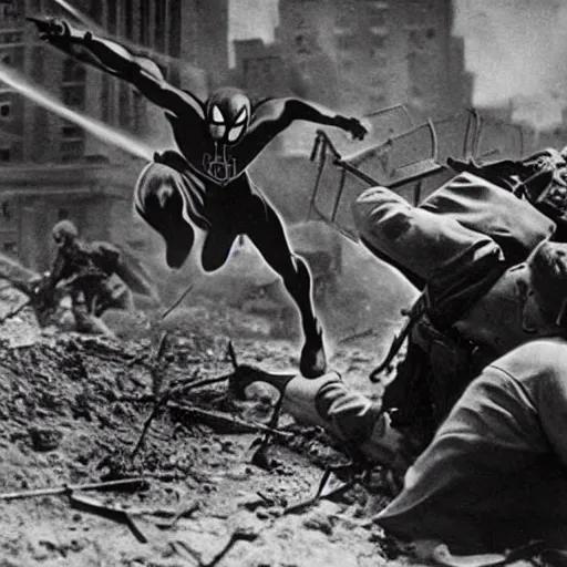 Prompt: world war II photograph of spider-man fighting on the front lines