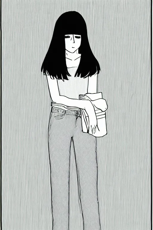 Image similar to portrait of a girl in long pants and a top, hands in pockets, eyes closed, bob haircut, digital art, black and white, lineart by junji ito and kaoru mori