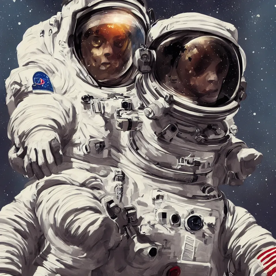 Prompt: a portrait astronaut wearing a headphone, digital painting, digital art, beautiful, cinematic, 4 k, ultra hd, art by ashley wood