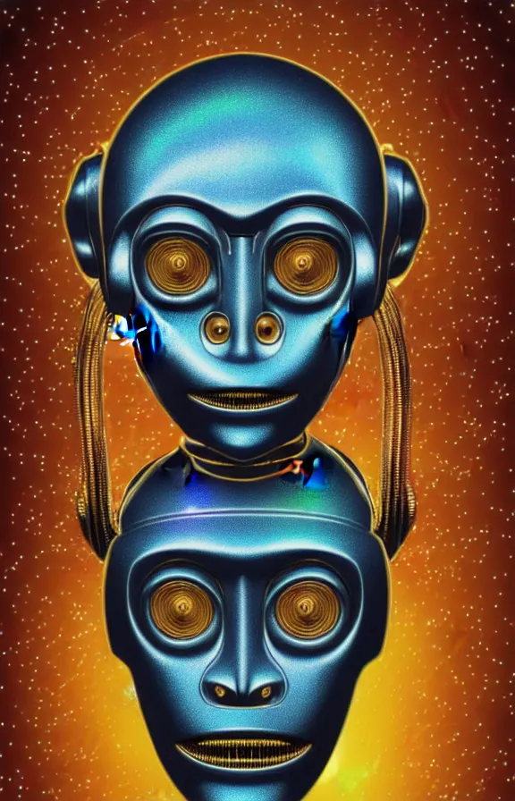 Image similar to portrait of a robot humanoid alien with golden armature, monkey alien face and medieval helmet. Galactic iridescent background in the style of Tim white and moebius