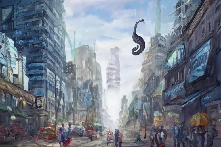 Prompt: concept art of a giant 1 0 meters high snail on the streets of a city