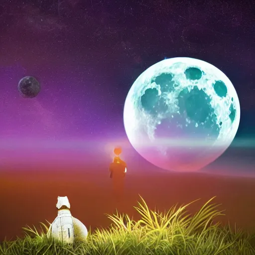 Image similar to Photo of a cyborg and his robo-dog sitting on the ground facing back on a far away planet at night looking at the galaxy to see a giant green moon