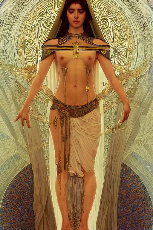 Image similar to a full body portrait of a beautiful ethereal delicate egyptian mage queen meditative sacral pose catholic stages of the cross, intricate, elegant, highly detailed, digital painting, artstation, concept art, smooth, sharp focus, illustration, art by krenz cushart and artem demura and alphonse mucha