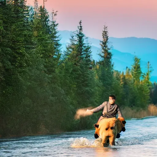 Image similar to high quality photograph of volodimir zelenski riding a bear across a river, golden hour