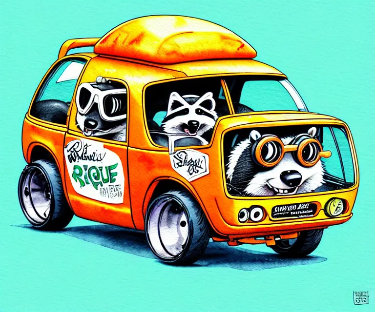 Prompt: cute and funny, racoon wearing goggles driving a tiny hot rod with an oversized engine, ratfink style by ed roth, centered award winning watercolor pen illustration, isometric illustration by chihiro iwasaki, edited by craola, tiny details by artgerm and watercolor girl, symmetrically isometrically centered