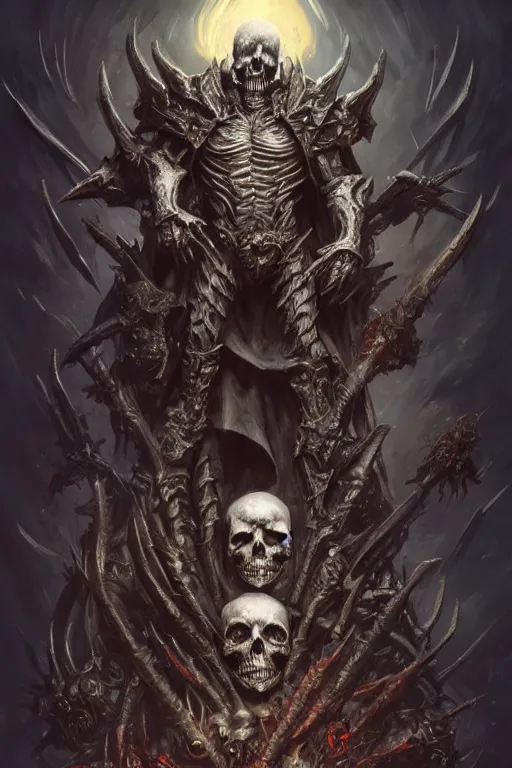 Image similar to death lord stand on skulls, highly detailed, d & d, fantasy, highly detailed, digital painting, trending on artstation, concept art, sharp focus, illustration, global illumination, ray tracing, realistic shaded, art by artgerm and greg rutkowski and fuji choko and viktoria gavrilenko and hoang lap,