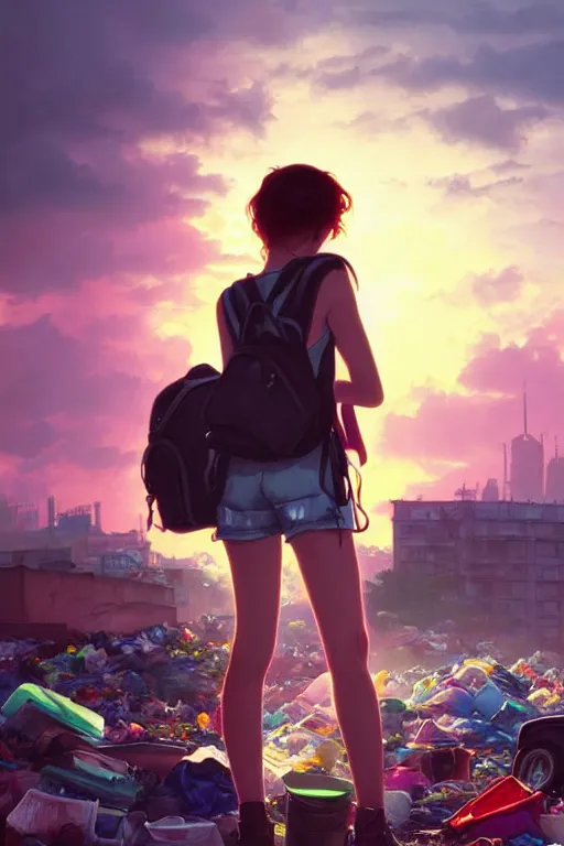 Image similar to beauty teenage girl minishort with backpack looking at food at garbage dump, destroyed cars, city is pure wasteland, moody sunset background, rays of sunlights, ( ( ( rainbow ) ) ), high details, sharp, photorealism, cinematic, greg rutkowski, alphonse mucha, trending on artstation, artgerm, unreal engine, highly detailed