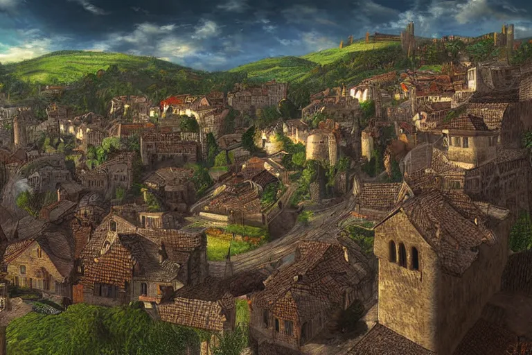 Prompt: a medieval city nestled within a valley protected by walls, digital art