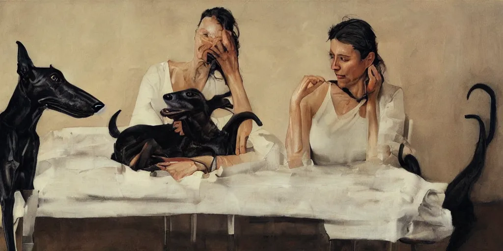 Prompt: a woman sitting with a black greyhound, flowers, dark atmosphere. by normal rockwell, jenny saville, phil hale