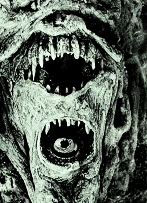 Prompt: a horrifying and traumatizing monster, analogue horror, film, found footage