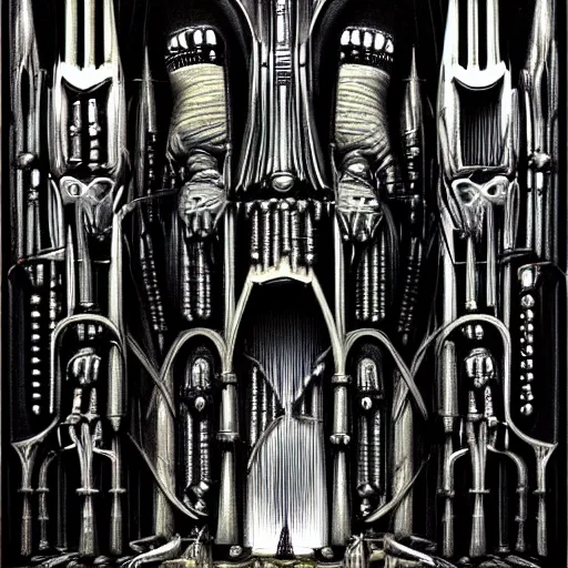 Prompt: biomechanical cathedral, h. r. giger