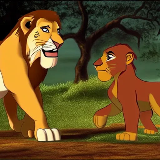 Prompt: askari scar battling the lion King Simba