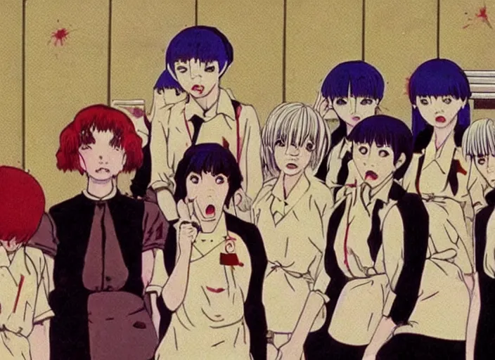 Image similar to screenshot from guro anime, 8 0's horror anime, yellowed grainy vhs footage with noise, four schoolgirls trapped in a bathroom, bathroom stalls and sinks and tiled floor, girls are in beige sailor school uniforms, one girl has white hair, detailed expressive faces, various hair colors and styles, in the style of ghibli,