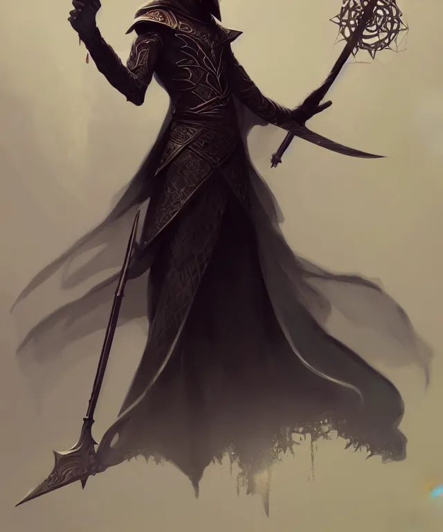 Prompt: fullbody portrait of a wizard in elegant outfit holding a magic staff by miranda meeks and greg rutkowski, highly detailed, perfect features, dark, mysterious, digital art, sharp focus, illustration, concept art, trending on artstation