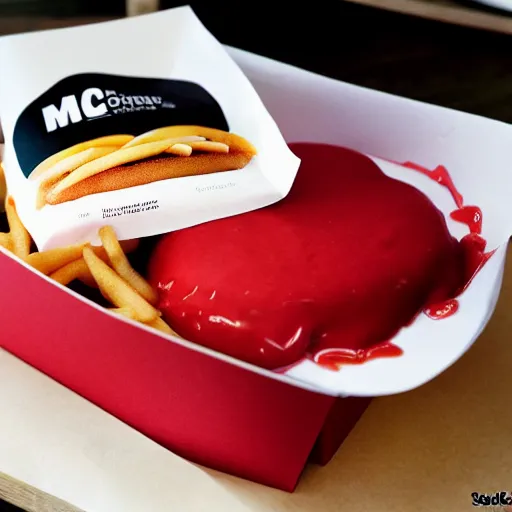 Prompt: Mcdonalds new dish - the McRonald a desert made with bright red cow\'s blood