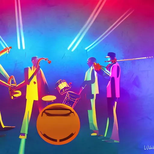 Image similar to a guitar player, saxaphone player, drummer, and a keyboard player on stage with professional lighting. funk band. jazz. party. fun. abstract. oil paint. volumetric lighting. digital image. highly saturated. whimsical. digital art, octane, ue 5, 8 k, 4 k, hq, concept art