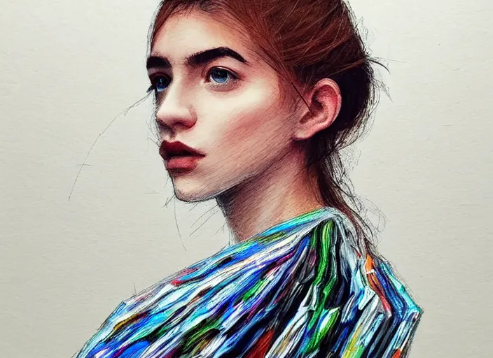 Image similar to landscape, a young woman between the ages of 2 0 - 2 5 years, wearing clothes made of a series of plastic bags, fine art, sharp focus, good lighting, trending on artstation, trending on tiktok, smooth drawing, elegant, authoritative, without anomalies.