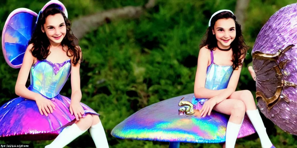 Prompt: very young gal gadot, dressed as alice from alice in wonderland, sits on a giant iridescent mushroom, a huge cheshire cat's smiling face can bee seen behind her