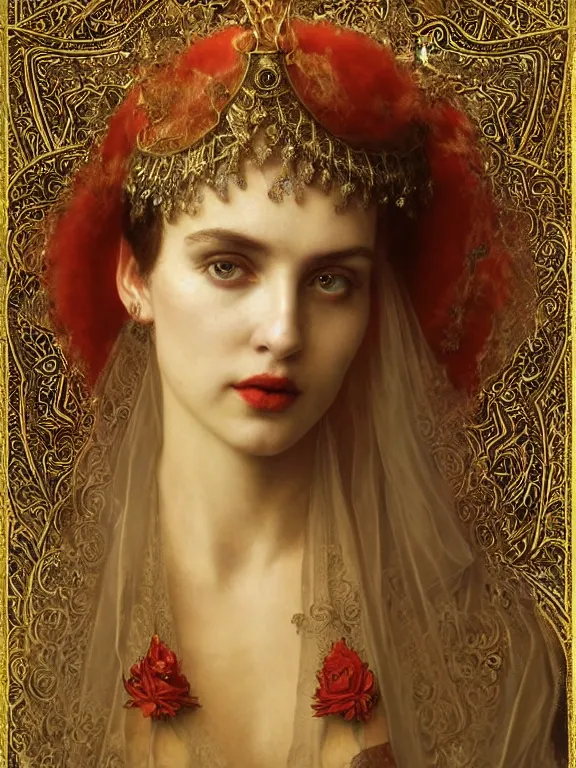 Image similar to a beautiful render of a catholic veiled red queen with symmetry intricate detailed ,by Andrei Riabovitchev,Lawrence Alma-Tadema,aaron horkey,Billelis,trending on pinterest,gold,golden ratio,cinematic lighting