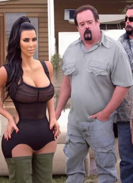 Prompt: film still of kim kardashian as a guest in trailer park boys,