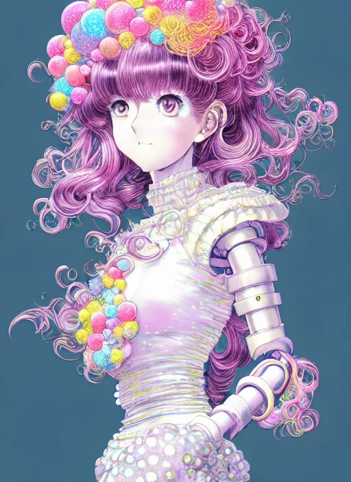 Image similar to manga of beautiful girl, robot, curls hair, rococo ruffles dress, rosette, pastel rainbow, pearlescent, shimmering, prismatic, reflective, rim light, detailed background, by katsuhiro otomo, takeshi obata, takato yamamoto, illustration, artstation, concept art, highly detailed, colorful, maximalist