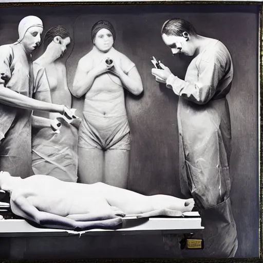 Prompt: a beautiful assemblage of a team of surgeons gathered around a patient on an operating table, with one surgeon in the process of cutting into the patient's chest. the assemblage is full of intense colors and brushstrokes, conveying the urgency and intensity of the surgery. south park by claude cahun, by herbert list composed