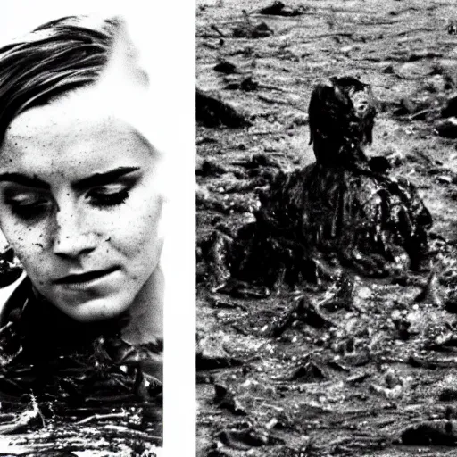 Image similar to film still, close up, emma watson rising out of muddy vietnam river, face covered in mud, low camera angle at water level, night time, film still from apocalypse now ( 1 9 7 9 ), 2 6 mm